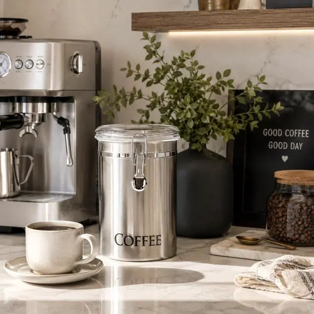 Alt view image 3 of 7 - Stainless Steel Coffee Canister 62 fl oz - Airtight Clamp Lid, Clear See-Thru Top - Ideal for Coffee Bean Storage, Ground Coffee Storage, Kitchen Storage, Pantry Storage. Large Size 5" x 7.5".