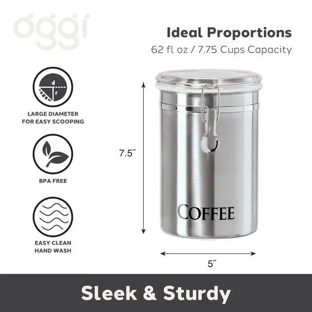 Alt view image 2 of 7 - Stainless Steel Coffee Canister 62 fl oz - Airtight Clamp Lid, Clear See-Thru Top - Ideal for Coffee Bean Storage, Ground Coffee Storage, Kitchen Storage, Pantry Storage. Large Size 5" x 7.5".
