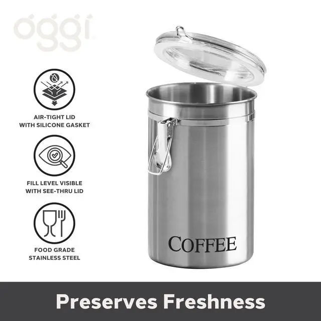 Alt view image 6 of 7 - Stainless Steel Coffee Canister 62 fl oz - Airtight Clamp Lid, Clear See-Thru Top - Ideal for Coffee Bean Storage, Ground Coffee Storage, Kitchen Storage, Pantry Storage. Large Size 5" x 7.5".