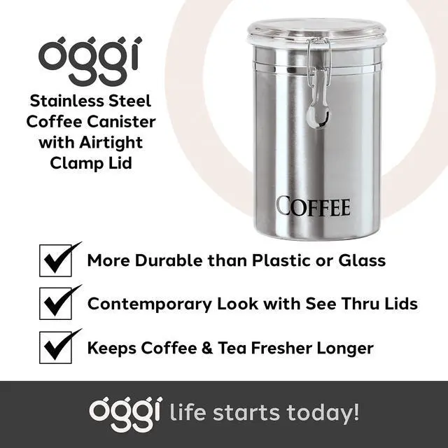 Alt view image 7 of 7 - Stainless Steel Coffee Canister 62 fl oz - Airtight Clamp Lid, Clear See-Thru Top - Ideal for Coffee Bean Storage, Ground Coffee Storage, Kitchen Storage, Pantry Storage. Large Size 5" x 7.5".