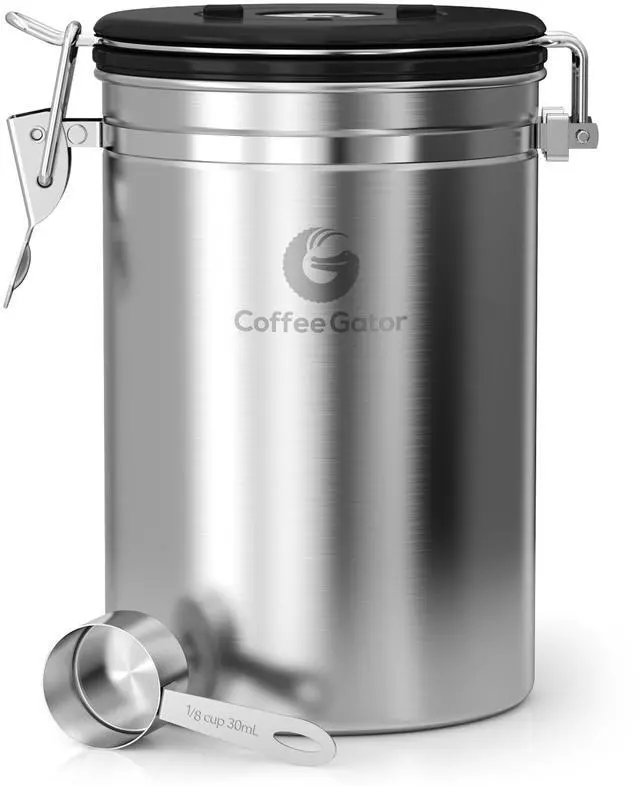 Main image of Coffee Canister - 22oz, Airtight Stainless Steel Kitchen Food Storage Container with Date Tracker, Scoop for Grounds Coffee Bar Accessories, Beans, Tea, Sugar, Flour, Cereal - Silver