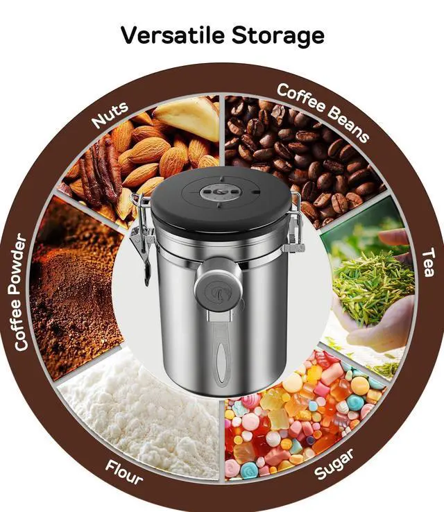 Alt view image 2 of 7 - Coffee Canister - 22oz, Airtight Stainless Steel Kitchen Food Storage Container with Date Tracker, Scoop for Grounds Coffee Bar Accessories, Beans, Tea, Sugar, Flour, Cereal - Silver