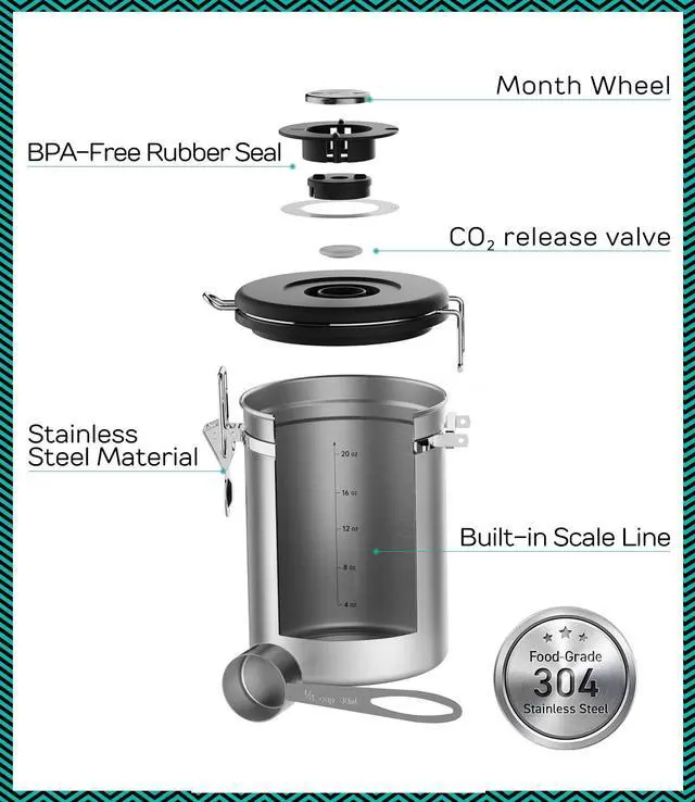 Alt view image 4 of 7 - Coffee Canister - 22oz, Airtight Stainless Steel Kitchen Food Storage Container with Date Tracker, Scoop for Grounds Coffee Bar Accessories, Beans, Tea, Sugar, Flour, Cereal - Silver