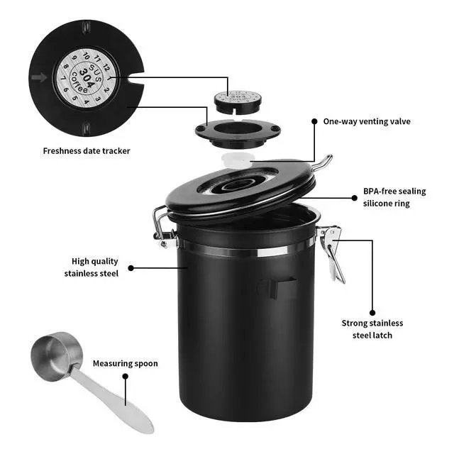 Alt view image 3 of 7 - 22oz Stainless Steel Airtight Coffee Canister with Date Tracker