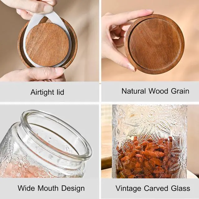 Alt view image 4 of 7 - 32oz Vintage Glass Jars With Lids, Airtight Food Storage Containers, Kitchen Canisters For Sugar, Coffee, Tea, Spice, Flour, Candy Cookie, Pasta, Cereal, Cute Decorative Jars