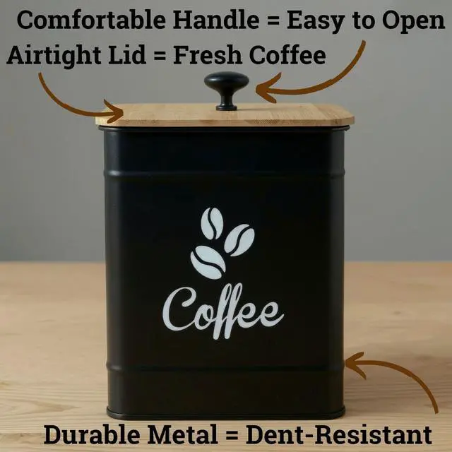 Alt view image 2 of 7 - Airtight Coffee Canister 40 oz, 6"x 8" Metal Jar w/ Rubber-Lined Bamboo Lid