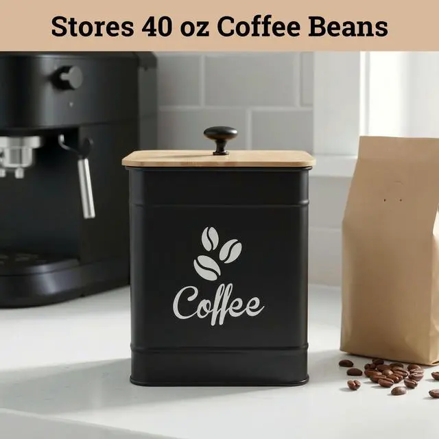 Alt view image 3 of 7 - Airtight Coffee Canister 40 oz, 6"x 8" Metal Jar w/ Rubber-Lined Bamboo Lid