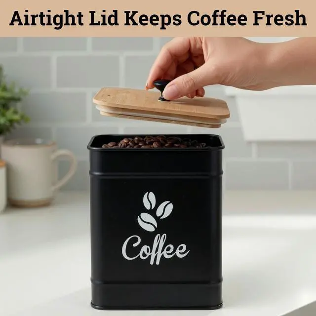 Alt view image 4 of 7 - Airtight Coffee Canister 40 oz, 6"x 8" Metal Jar w/ Rubber-Lined Bamboo Lid