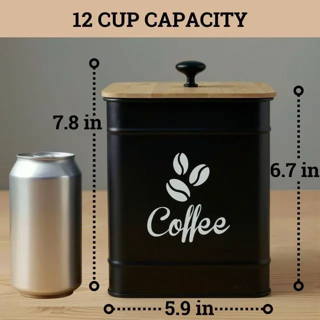 Alt view image 6 of 7 - Airtight Coffee Canister 40 oz, 6"x 8" Metal Jar w/ Rubber-Lined Bamboo Lid