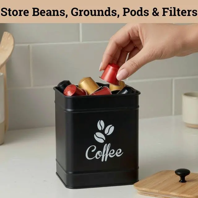Alt view image 5 of 7 - Airtight Coffee Canister 40 oz, 6"x 8" Metal Jar w/ Rubber-Lined Bamboo Lid