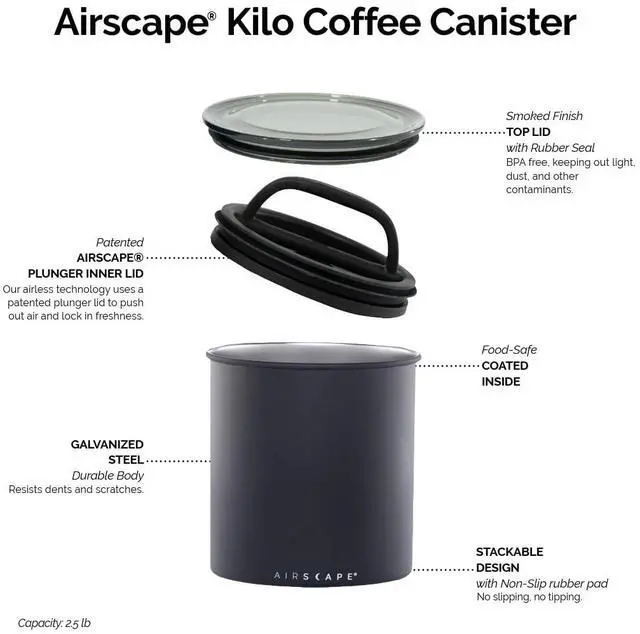 Alt view image 2 of 6 - Planetary Design Kilo Coffee Storage Canister - US Patented Inner Plunger Lid Removes Excess Oxygen - DON'T buy airtight, BUY AIR-LESS - Holds 2.2 lbs Coffee Beans - (Matte Black)