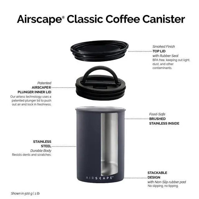 Alt view image 2 of 7 - Airscape Stainless Steel Coffee Canister | Food Storage Container | US Patented Inner Plunger Lid REMOVES Excess Oxygen | Don't Buy airtight, Buy AIR-Less | (Medium, Brushed Copper)