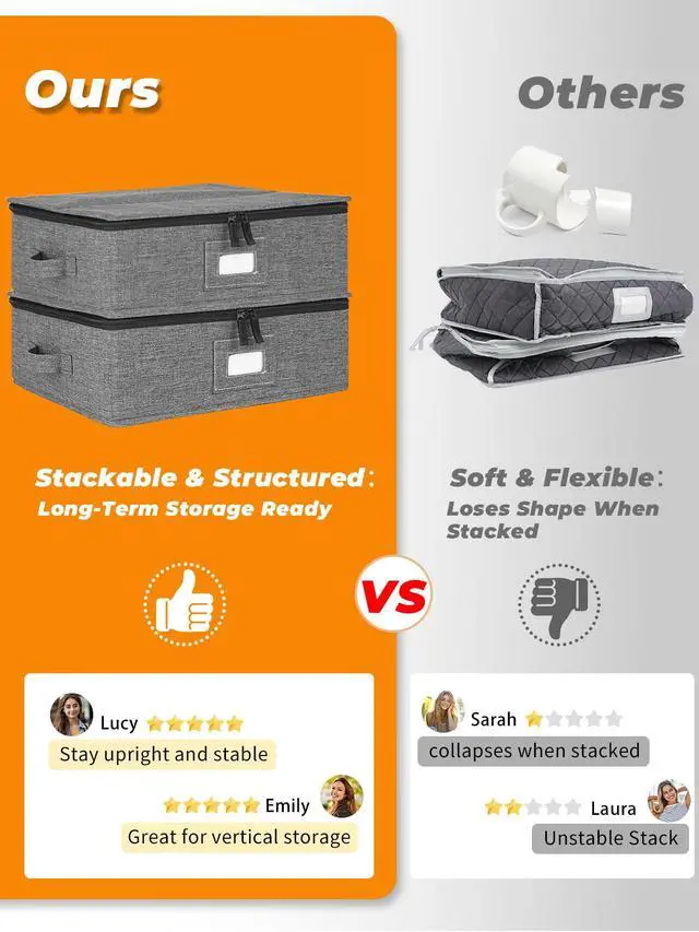 Alt view image 2 of 7 - Mug Storage Organizer w/Hard Shell Sides & Bottom, Padded Dividers, 2-Pack Stackable Coffee Mug Storage Boxes for Tea Cups, China Storage Containers for Packing & Moving