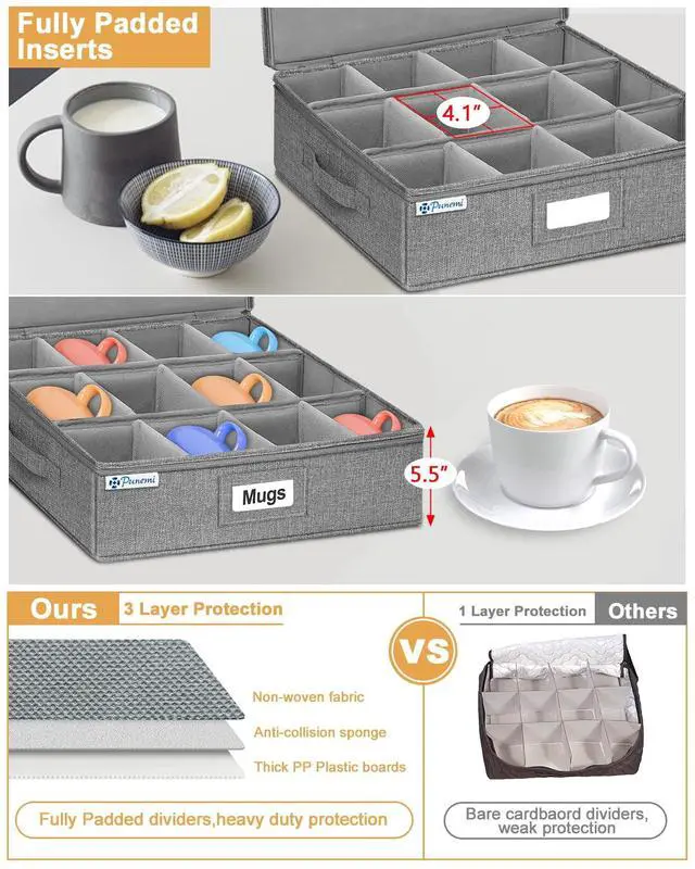 Alt view image 4 of 7 - Mug Storage Organizer w/Hard Shell Sides & Bottom, Padded Dividers, 2-Pack Stackable Coffee Mug Storage Boxes for Tea Cups, China Storage Containers for Packing & Moving