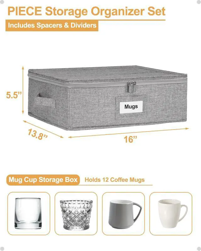 Alt view image 5 of 7 - Mug Storage Organizer w/Hard Shell Sides & Bottom, Padded Dividers, 2-Pack Stackable Coffee Mug Storage Boxes for Tea Cups, China Storage Containers for Packing & Moving
