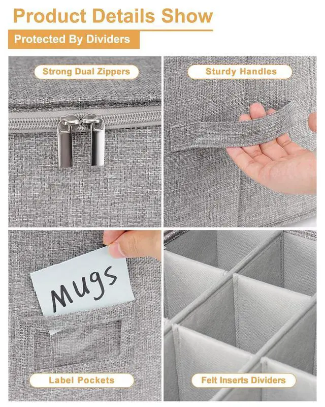 Alt view image 6 of 7 - Mug Storage Organizer w/Hard Shell Sides & Bottom, Padded Dividers, 2-Pack Stackable Coffee Mug Storage Boxes for Tea Cups, China Storage Containers for Packing & Moving