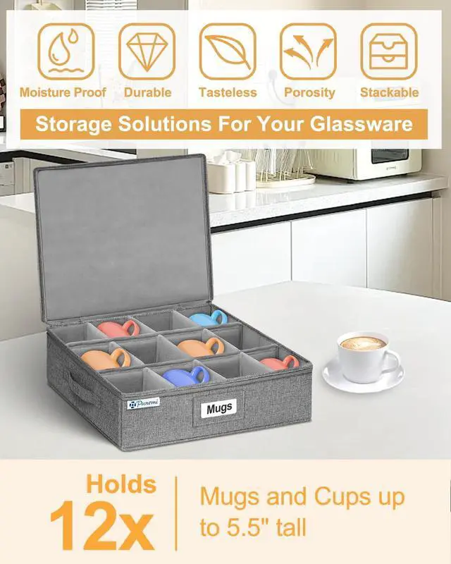 Alt view image 7 of 7 - Mug Storage Organizer w/Hard Shell Sides & Bottom, Padded Dividers, 2-Pack Stackable Coffee Mug Storage Boxes for Tea Cups, China Storage Containers for Packing & Moving
