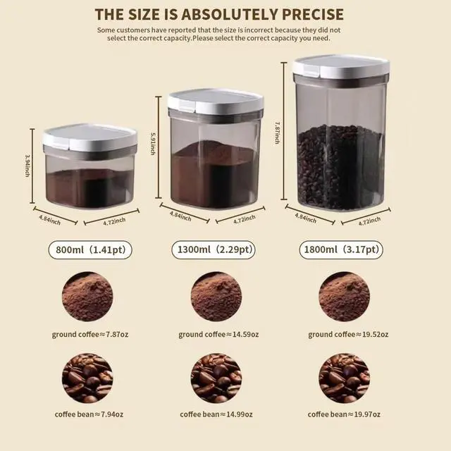 Alt view image 5 of 6 - Airtight Coffee Canister, 15oz Coffee Storage Container with Scoop, Kitchen Food Storage Jar for Grounds Coffee, Beans, Tea, Sugar, Flour, Cereal, 1300ml