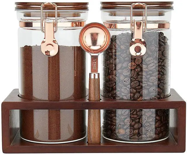 Main image of Glass Coffee Container with Wooden Shelf, 2 x 40 FLOZ Coffee Bean Storage with Sealed Closure Clips and Copper Spoon, Kitchen Large Capacity Food Storage Jar, Ground Coffee Container