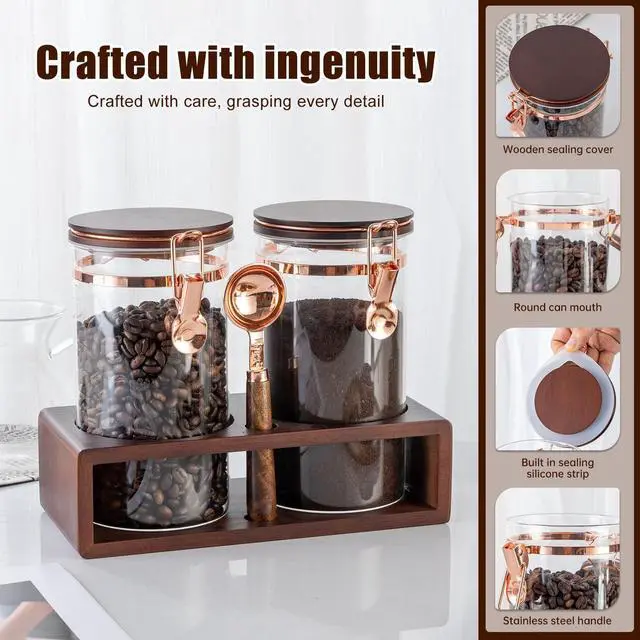 Alt view image 3 of 7 - Glass Coffee Container with Wooden Shelf, 2 x 40 FLOZ Coffee Bean Storage with Sealed Closure Clips and Copper Spoon, Kitchen Large Capacity Food Storage Jar, Ground Coffee Container