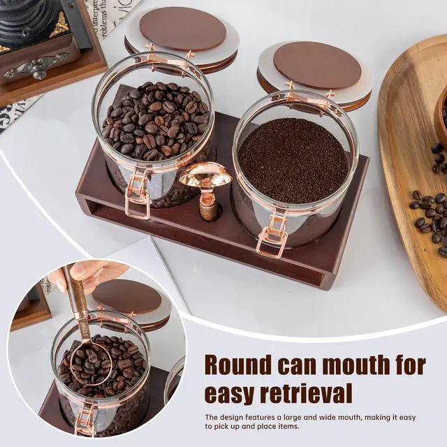 Alt view image 4 of 7 - Glass Coffee Container with Wooden Shelf, 2 x 40 FLOZ Coffee Bean Storage with Sealed Closure Clips and Copper Spoon, Kitchen Large Capacity Food Storage Jar, Ground Coffee Container