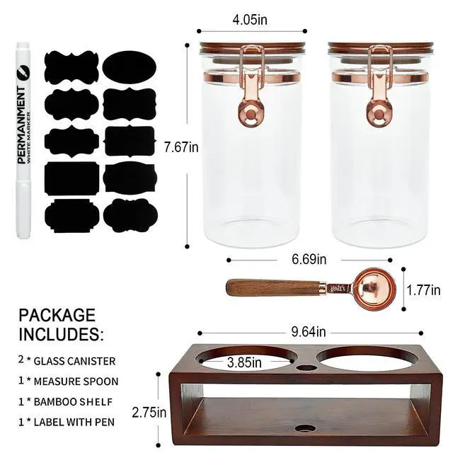 Alt view image 2 of 7 - Glass Coffee Container with Wooden Shelf, 2 x 40 FLOZ Coffee Bean Storage with Sealed Closure Clips and Copper Spoon, Kitchen Large Capacity Food Storage Jar, Ground Coffee Container