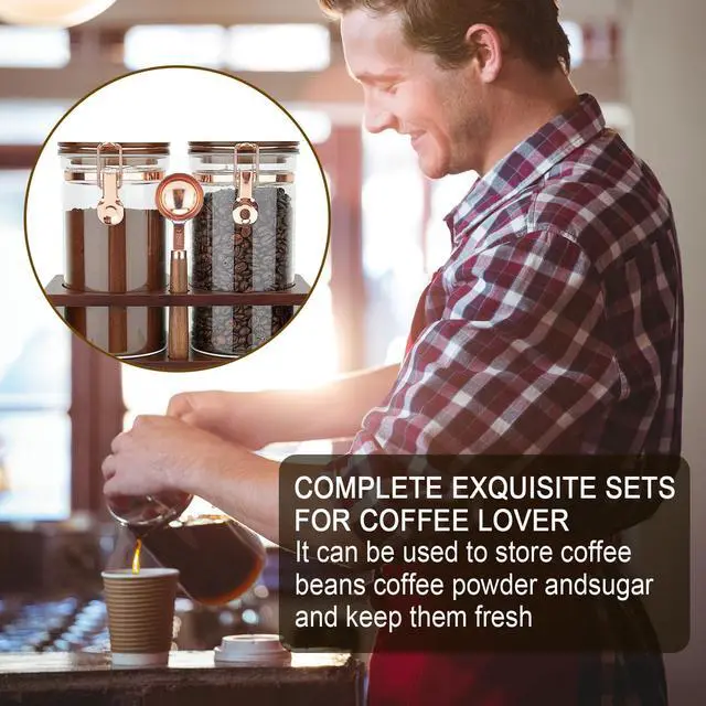 Alt view image 7 of 7 - Glass Coffee Container with Wooden Shelf, 2 x 40 FLOZ Coffee Bean Storage with Sealed Closure Clips and Copper Spoon, Kitchen Large Capacity Food Storage Jar, Ground Coffee Container