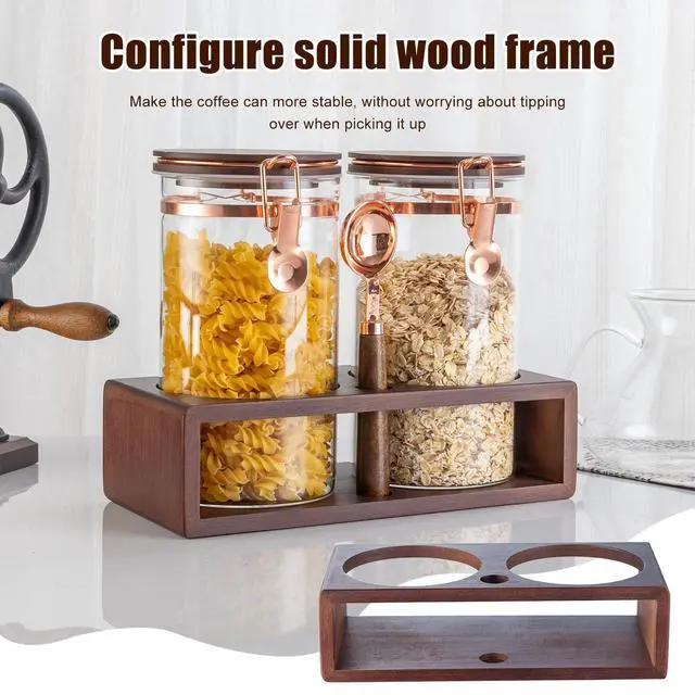 Alt view image 6 of 7 - Glass Coffee Container with Wooden Shelf, 2 x 40 FLOZ Coffee Bean Storage with Sealed Closure Clips and Copper Spoon, Kitchen Large Capacity Food Storage Jar, Ground Coffee Container