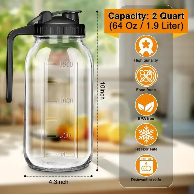 Alt view image 2 of 7 - 64oz Mason Jar Pitcher, Airtight & Leakproof Glass Pitcher with Lid