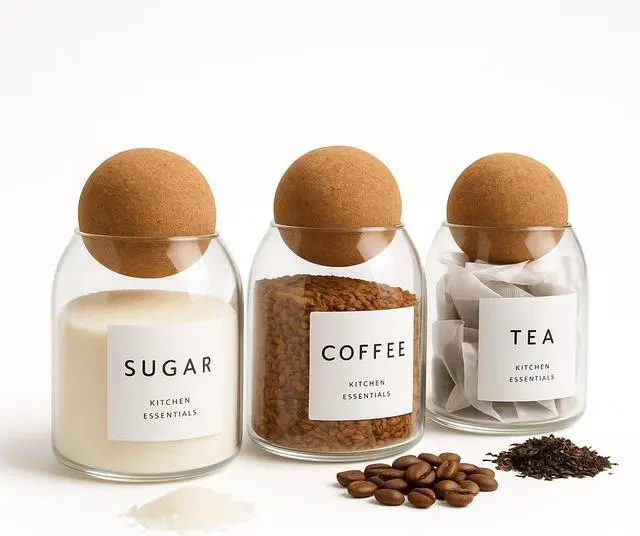 Main image of Coffee Tea Sugar Container Set - 3 Unique Cork Ball (17oz) Glass Jars -Kitchen Canister Set of 3-Jars for Coffee Station
