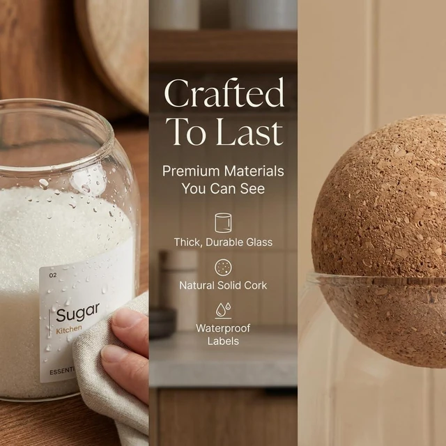 Alt view image 4 of 7 - Coffee Tea Sugar Container Set - 3 Unique Cork Ball (17oz) Glass Jars -Kitchen Canister Set of 3-Jars for Coffee Station