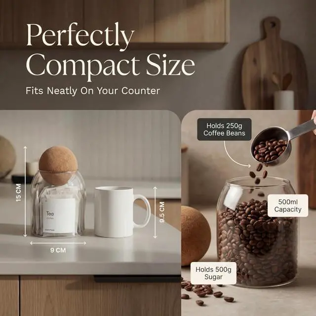 Alt view image 6 of 7 - Coffee Tea Sugar Container Set - 3 Unique Cork Ball (17oz) Glass Jars -Kitchen Canister Set of 3-Jars for Coffee Station