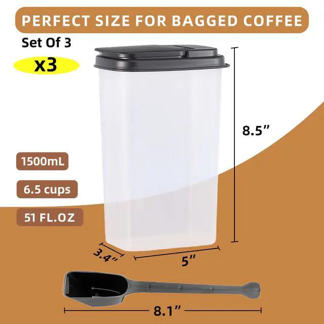Alt view image 3 of 7 - 3-Pack Coffee Storage Containers with Scoop Fit 12 oz Bags, Bag-in Design for Whole Beans & Ground Coffee Translucent Stackable Canisters for Coffee, Tea, Sugar, Flour, Cereal 51 oz