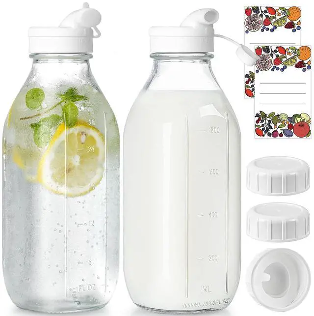 Main image of 2 Pack Glass Milk Bottle with 2 Dispenser Caps, 100% Airtight Heavy Duty Screw Lid. 32 Oz Reusable Glass Water Jug with 3 Lids! Breast Milk Pitcher, Buttermilk, Nut, Juice, Syrup, Coffee Creamer