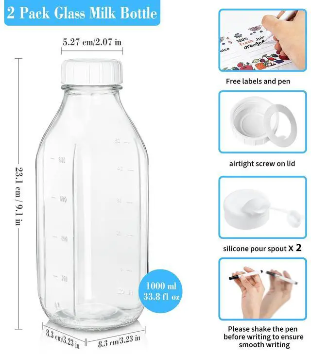 Alt view image 2 of 7 - 2 Pack Glass Milk Bottle with 2 Dispenser Caps, 100% Airtight Heavy Duty Screw Lid. 32 Oz Reusable Glass Water Jug with 3 Lids! Breast Milk Pitcher, Buttermilk, Nut, Juice, Syrup, Coffee Creamer