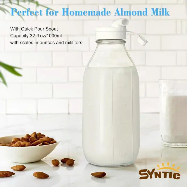 Alt view image 4 of 7 - 2 Pack Glass Milk Bottle with 2 Dispenser Caps, 100% Airtight Heavy Duty Screw Lid. 32 Oz Reusable Glass Water Jug with 3 Lids! Breast Milk Pitcher, Buttermilk, Nut, Juice, Syrup, Coffee Creamer