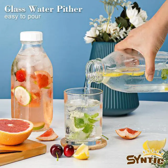 Alt view image 6 of 7 - 2 Pack Glass Milk Bottle with 2 Dispenser Caps, 100% Airtight Heavy Duty Screw Lid. 32 Oz Reusable Glass Water Jug with 3 Lids! Breast Milk Pitcher, Buttermilk, Nut, Juice, Syrup, Coffee Creamer