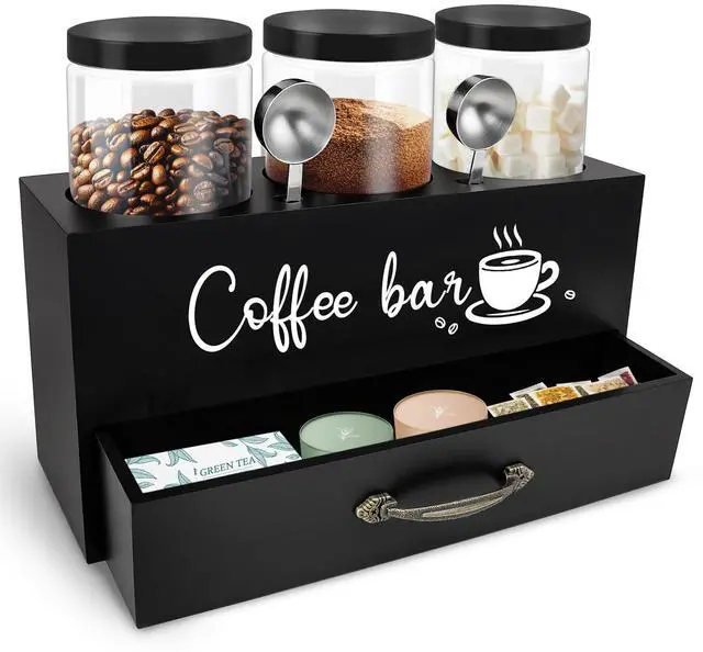 Main image of 54 oz Coffee Canister Set with Shelf, Coffee and Sugar Container Set of 3 Canisters Sets for Kitchen Counter, Plastic Coffee Bean Storage Container with Scoop (Black - Drawer)