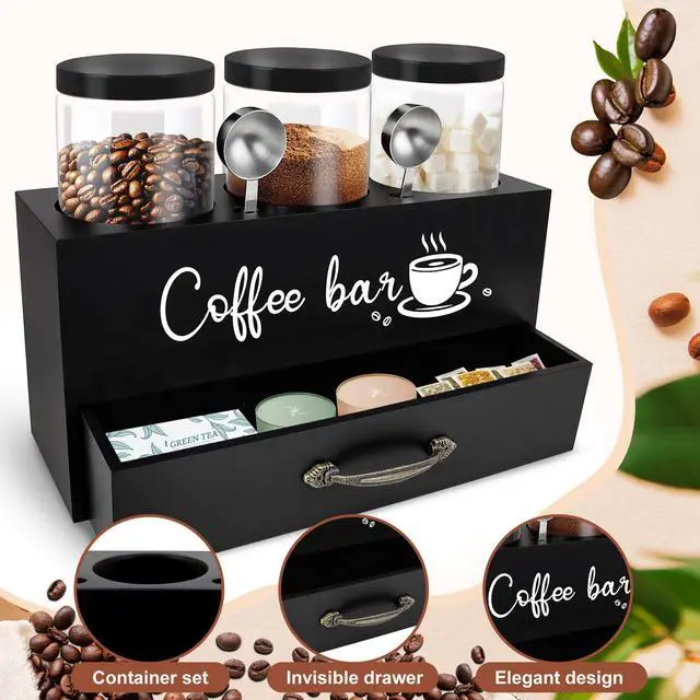 Alt view image 3 of 7 - 54 oz Coffee Canister Set with Shelf, Coffee and Sugar Container Set of 3 Canisters Sets for Kitchen Counter, Plastic Coffee Bean Storage Container with Scoop (Black - Drawer)