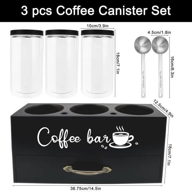 Alt view image 2 of 7 - 54 oz Coffee Canister Set with Shelf, Coffee and Sugar Container Set of 3 Canisters Sets for Kitchen Counter, Plastic Coffee Bean Storage Container with Scoop (Black - Drawer)