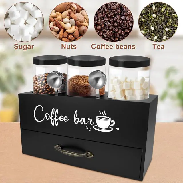 Alt view image 5 of 7 - 54 oz Coffee Canister Set with Shelf, Coffee and Sugar Container Set of 3 Canisters Sets for Kitchen Counter, Plastic Coffee Bean Storage Container with Scoop (Black - Drawer)