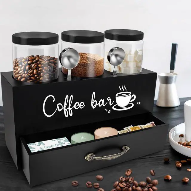 Alt view image 6 of 7 - 54 oz Coffee Canister Set with Shelf, Coffee and Sugar Container Set of 3 Canisters Sets for Kitchen Counter, Plastic Coffee Bean Storage Container with Scoop (Black - Drawer)