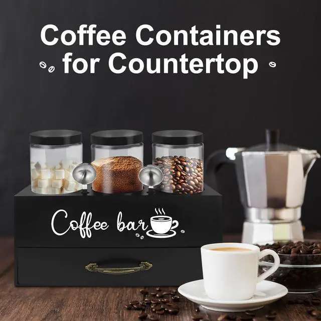 Alt view image 7 of 7 - 54 oz Coffee Canister Set with Shelf, Coffee and Sugar Container Set of 3 Canisters Sets for Kitchen Counter, Plastic Coffee Bean Storage Container with Scoop (Black - Drawer)