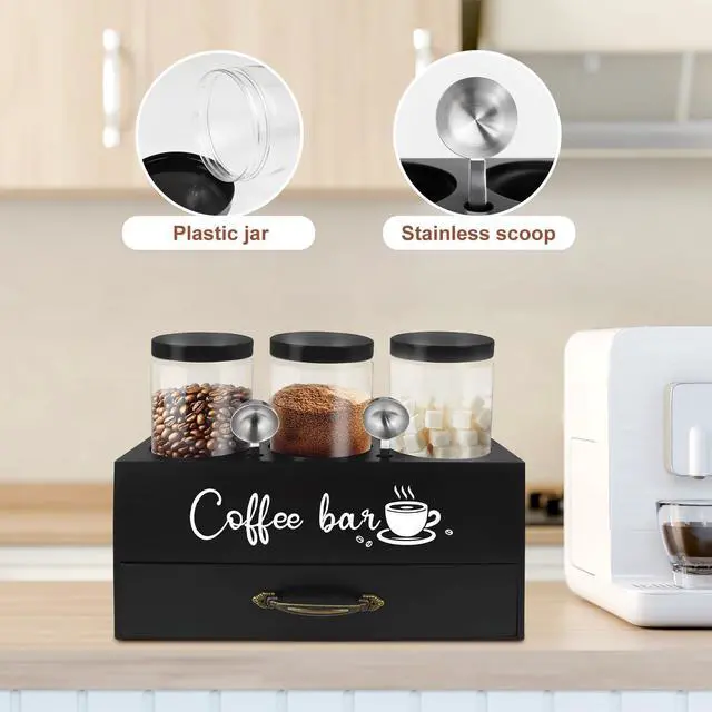Alt view image 4 of 7 - 54 oz Coffee Canister Set with Shelf, Coffee and Sugar Container Set of 3 Canisters Sets for Kitchen Counter, Plastic Coffee Bean Storage Container with Scoop (Black - Drawer)