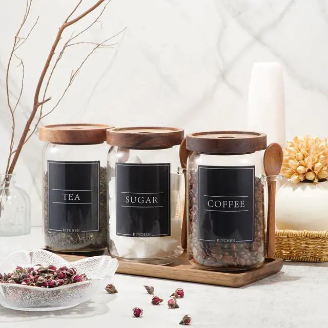 Alt view image 3 of 7 - Coffee and Sugar Container Set, Glass Coffee Jars with Wooden Lids and Scoops, Decorative Sugar Tea Creamer Canisters for Kitchen Countertop (25oz)