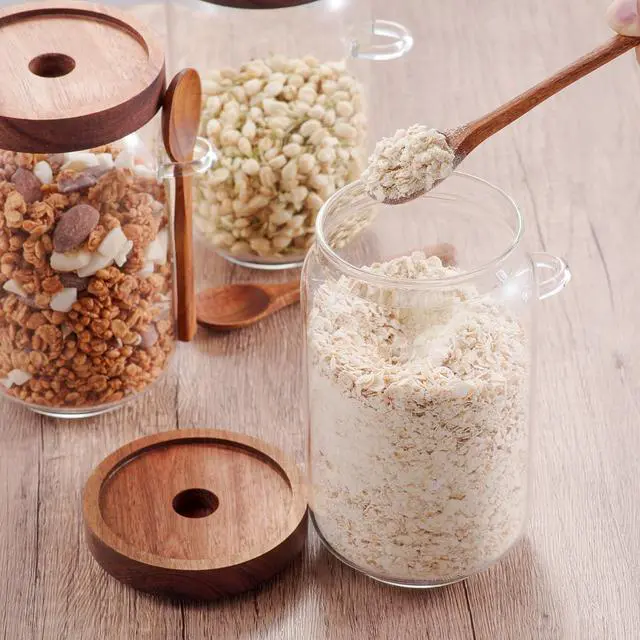 Alt view image 5 of 7 - Coffee and Sugar Container Set, Glass Coffee Jars with Wooden Lids and Scoops, Decorative Sugar Tea Creamer Canisters for Kitchen Countertop (25oz)