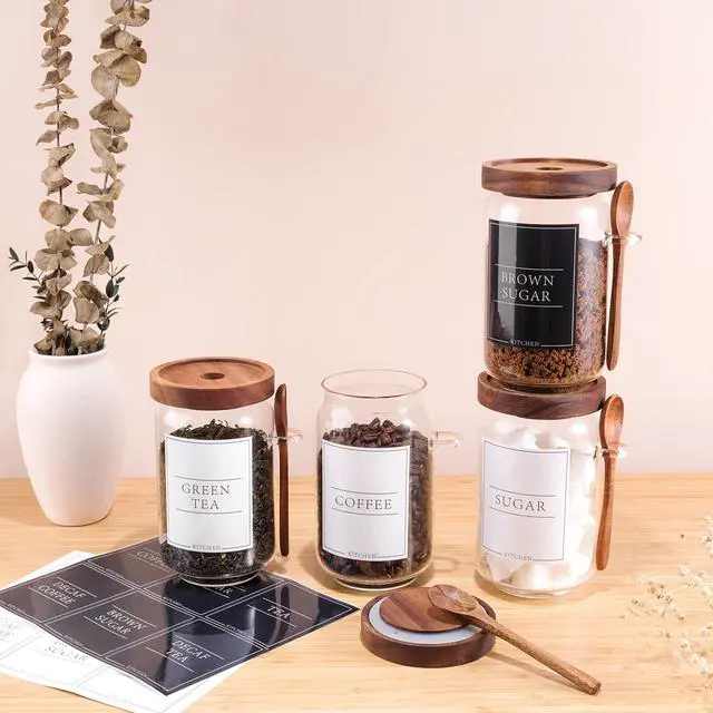 Alt view image 7 of 7 - Coffee and Sugar Container Set, Glass Coffee Jars with Wooden Lids and Scoops, Decorative Sugar Tea Creamer Canisters for Kitchen Countertop (25oz)