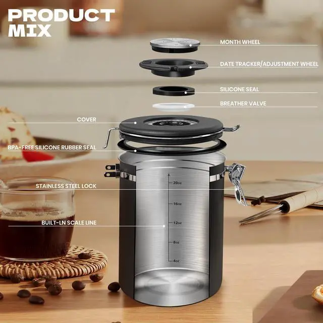 Alt view image 3 of 7 - Coffee Canisters with Window,Scoop and Airtight Lid Stainless Steel Kitchen Bean Storage Grounds Container Date Tracker and Scoop for Grounds Coffee Bar Accessories Beans, Cereal, Sugar