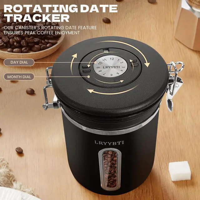 Alt view image 2 of 7 - Coffee Canisters with Window,Scoop and Airtight Lid Stainless Steel Kitchen Bean Storage Grounds Container Date Tracker and Scoop for Grounds Coffee Bar Accessories Beans, Cereal, Sugar