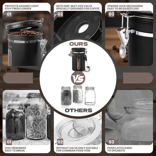 Alt view image 5 of 7 - Coffee Canisters with Window,Scoop and Airtight Lid Stainless Steel Kitchen Bean Storage Grounds Container Date Tracker and Scoop for Grounds Coffee Bar Accessories Beans, Cereal, Sugar